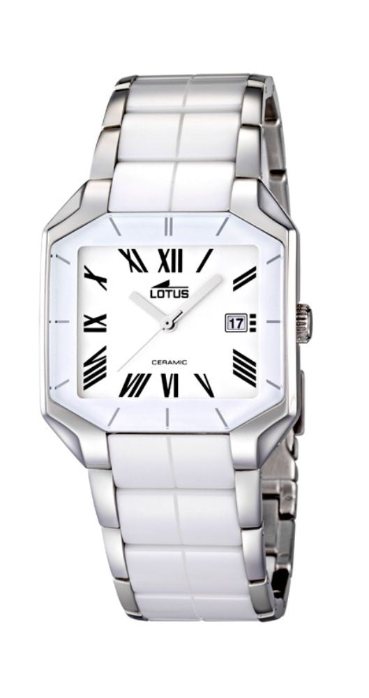 Reloj Lotus L15821/1 unisex, de cerámica y acero inox, con esfera blanca y números romanos en negro. Calendario. Cierre con pulsadores. Sumergible 50 metros. Garantía de 2 años.