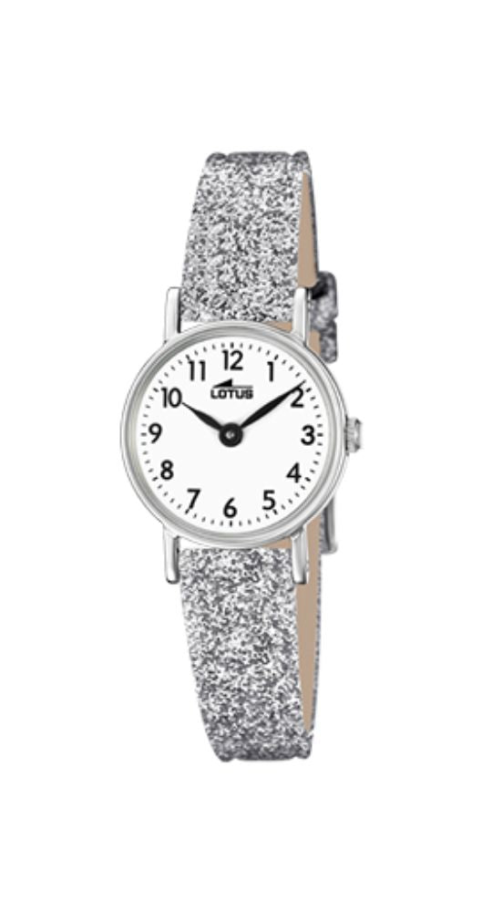Reloj Lotus L18409-B para público infantil y femenino, por su pequeño tamaño. Esfera blanca con números arábigos y manillas en negro. Caja de acero inox y correa de piel gris claro con purpurina. Garantía 2 años.
