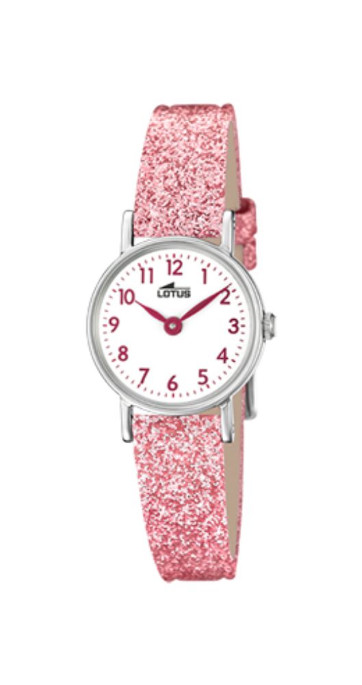 Reloj Lotus L18409-B para público infantil y femenino, por su pequeño tamaño. Esfera blanca con números arábigos y manillas en rosa. Caja de acero inox y correa de piel rosa con purpurina. Garantía 2 años.