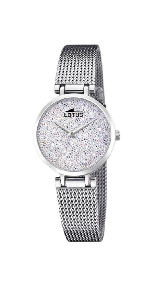 Reloj Lotus L18561-A para mujer con esfera cubierta de cristales SWAROVSK, cristal con el logo LOTUS serigrafiado, caja y armis tipo malla milanesa de acero inox. Sumergible 50m. Garantía de 2 años.