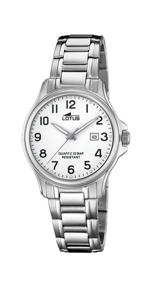 Reloj Lotus L18655/1 para mujer, de acero inoxidable. Esfera blanca con números negros arábigos y manillas luminiscentes. Calendario. Sumergible 100 metros. Garantía 2 años.