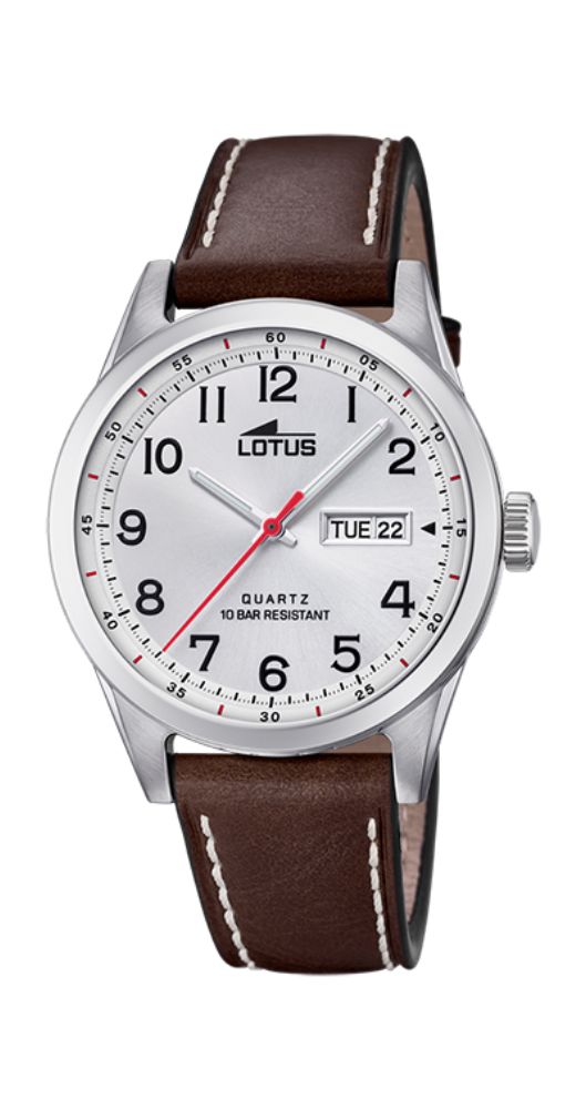 Reloj Lotus L18671-4 para hombre con esfera blanca y correa de piel lisa marrón con pespuntes blancos. Caja y fondo de acero inoxidable. Sumergible 100 metros. Garantía de 2 años.