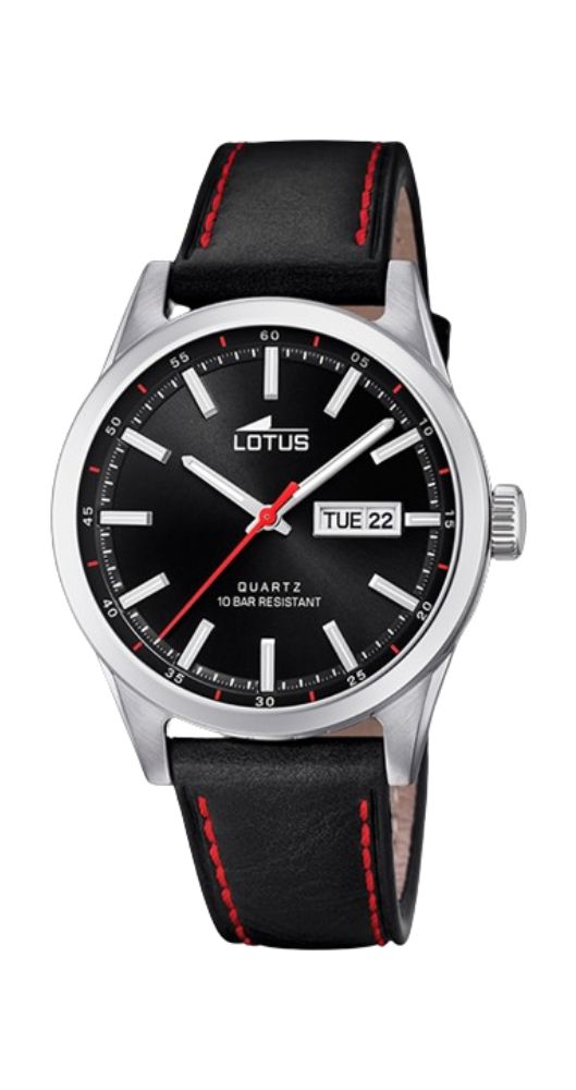 Reloj Lotus L18671-4 para hombre con esfera negra y correa de piel lisa negra con pespuntes rojos. Caja y fondo de acero inoxidable. Sumergible 100 metros. Garantía de 2 años.