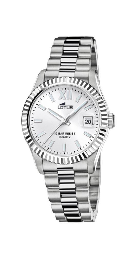Reloj Lotus L18930-1 para mujer con esfera plateada, calendario, caja y armis de acero inox, cierre con pulsadores y sumergible 100 metros. Garantía 2 años.