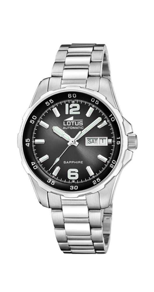 Reloj Lotus L18997/4 UNISEX, AUTOMÁTICO, se carga con el movimiento, caja y armis de acero inox, cierre con pulsadores, esfera negra en degradé con índices y manillas luminiscentes, calendario, cristal ZAFIRO, irrayable, sumergible 100 metros. Garantía de 2 años.