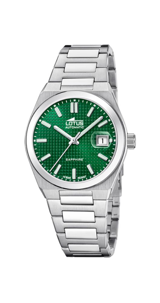 Reloj Lotus L18999-1 AUTOMÁTICO, UNISEX, esfera plateada, caja y armis de acero inox mate, cierre con pulsadores, cristal zafiro irrayable, calendario, sumergible 100 metros y garantía de 2 años.