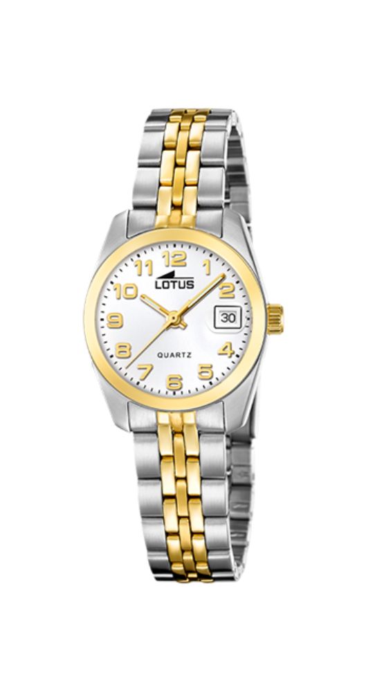Reloj Lotus L19014-1 para mujer, BICOLOR, con caja y armis de acero inox, cristal, esfera blanca con números arábigos dorados. Calendario. Sumergible 50 m. Garantía de 2 años.