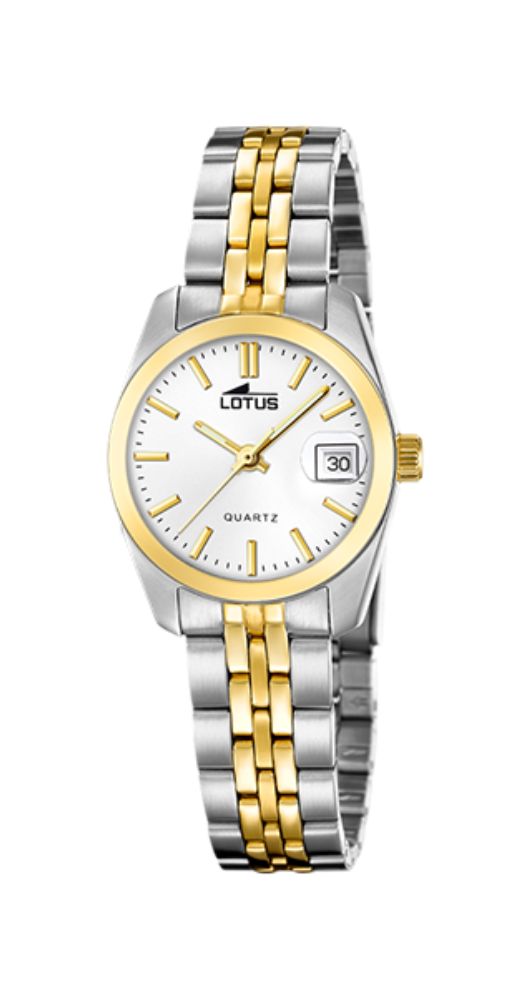 Reloj Lotus L19014-2 bicolor, para mujer, con esfera blanca e índices dorados, calendario, caja y armis de acero inox. Sumergible 50 m. Garantía de 2 años.