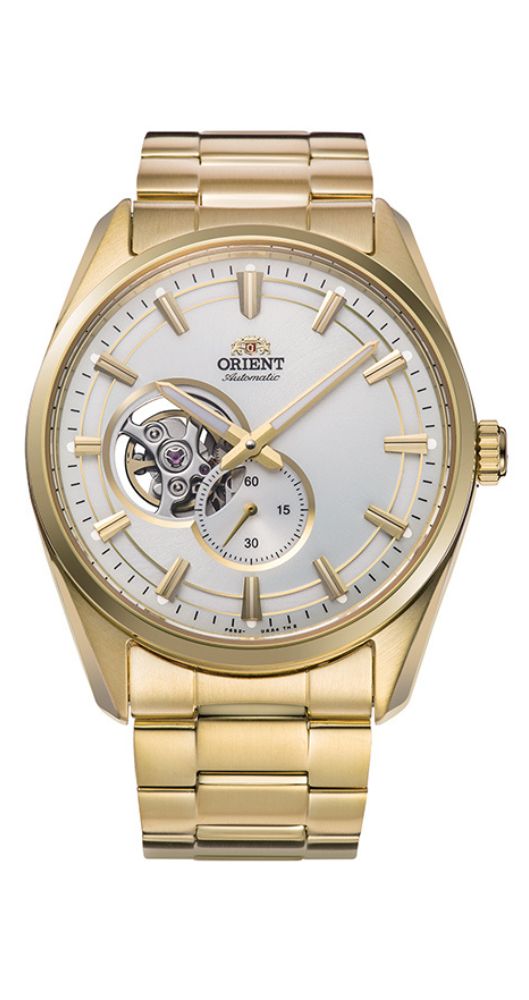 Reloj Orient RA-AR0007S30B SEMI SKELETON, que deja ver la maquinaria, caja y armis de acero inox CHAPADO, esfera blanca con índices y manillas doradas, segundero en multiesfera a las 6, sumergible 50 metros y garantía de 3 años.