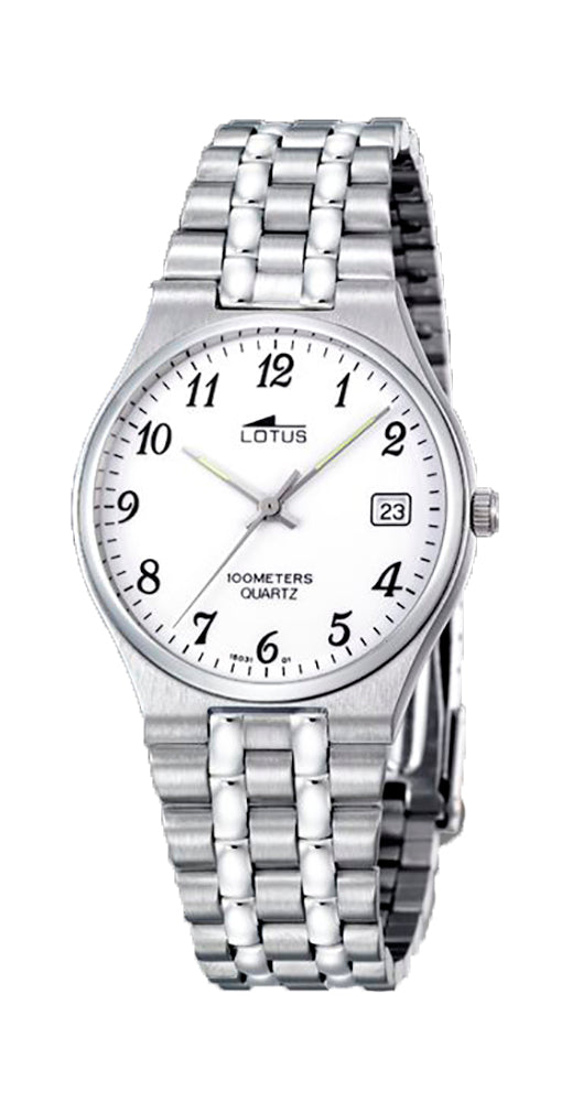 Reloj Lotus L15031/1 clásico, sencillo, para hombre, con esfera blanca, armis de acero inox articulado, calendario y sumergible