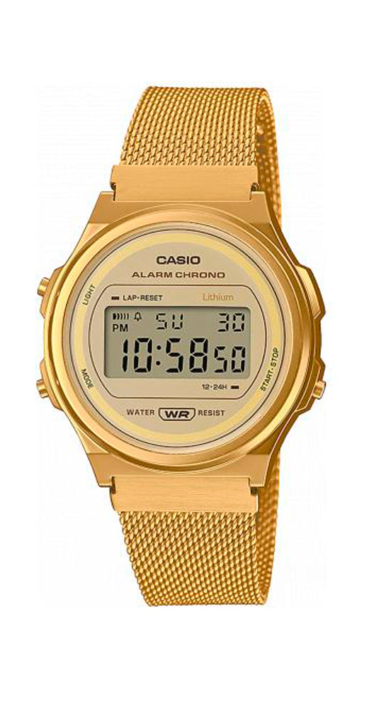 Reloj Casio Collection A171WEMG-9AEF UNISEX, con caja de resina y armis tipo malla milanesa de acero inox dorado. Crono, alarma y calendario. Garantía de 2 años.