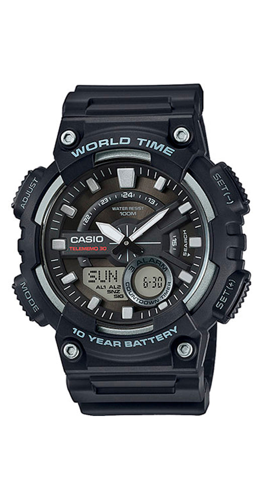 Reloj Casio Collection AEQ-110W-1AVEF con MEMORIA PARA TELÉFONOS, crono, alarma, cuenta atrás, hora mundial y sumergible.