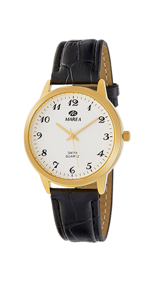 Reloj Marea B21183/3 para hombre de estilo sencillo y clásico con esfera blanca y números arábigos de fácil lectura. Caja metalizada DORADA. Correa de piel negra labrada. Garantía de 2 años.