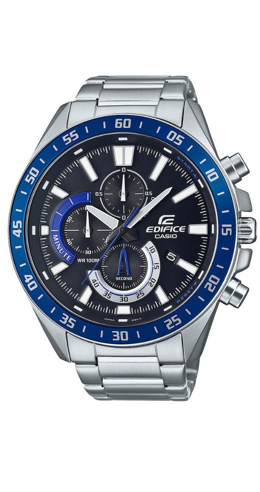 Reloj Casio Edifice EFV-620D-1A2VUEF con esfera negra y bisel azul. Caja y armis de acero inoxidable. Cristal mineral. Con crono, calendario y sumergible 100 metros. Garantía de 2 años.