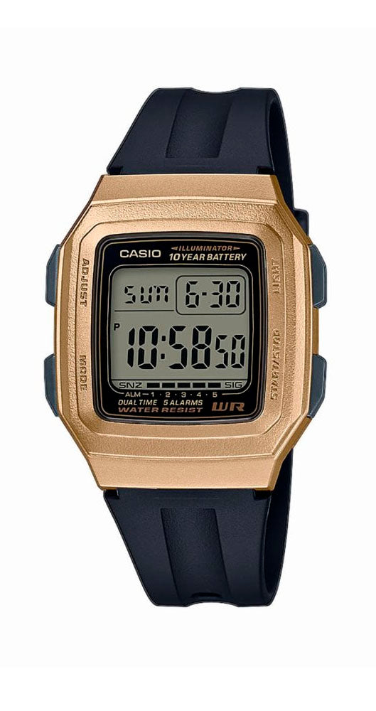 Reloj Casio Collection F-201WAM-9AVEF unisex, en dorado y negro, todo de resina, con luz, crono, alarmas múltiples con repetición, doble huso horario, calendario automático, pila de 10 años y garantía de 2 años.