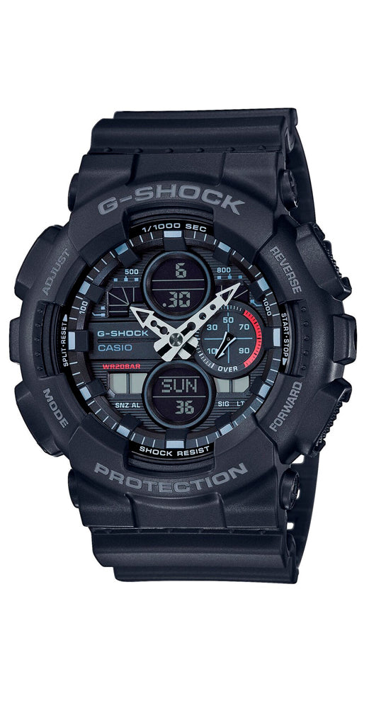 Reloj Casio G-SHOCK GA-140-1A1ER para hombre con caja y correa de resina negra. Cristal mineral. Ana-digi. Con luz de LED. Crono-alarma, hora mundial, cuenta atrás, calendario, formato 12/24 horas, sumergible 200 metros. Garantía de 2 años.