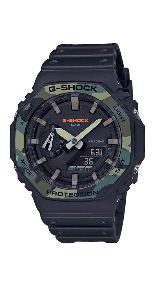 Reloj Casio G-SHOCK GA-2100SU-1AER unisex, a prueba de golpes, con crono, alarma, cuenta atrás, hora mundial, sumergible 100 metros, caja de resina reforzada con carbono y correa de resina en color negro , bisel en tonos camuflaje verde, calendario y garantía de 2 años.