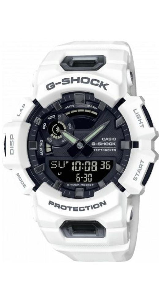 Reloj Casio G-SHOCK GBA-900-7AER BLUETOOTH SMARTWATCH a prueba de golpes, con esfera negra, caja y correa de resina blanca, con crono-alarma, cuenta atrás, contador de pasos, recordatorio de objetivos, hora mundial, sumergible 200 metros, calendario y garantía de 2 años.