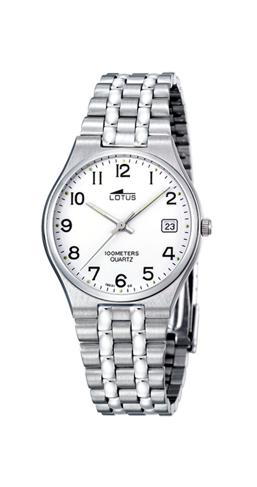 Reloj Lotus L15031/2 para caballero con estilo clásico, esfera blanca con números arábigos en negro, de fácil visión. Calendario. Caja y armis de acero inoxidable. Sumergible 100 metros. Garantía de 2 años.
