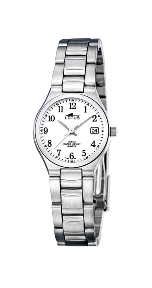 Reloj Lotus L15193/2 para mujer con estilo clásico y sencillo, de fácil visión por su esfera blanca y números arábigos en negro con calendario. Caja y armis de acero inoxidable, sumergible 100 metros y garantía de 2 años.