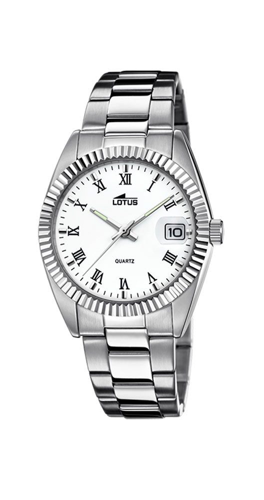 Reloj Lotus L15196/1 clásico para caballero, con esfera blanca, números romanos, luminiscente, de acero inoxidable, sumergible 100 metros, calendario y garantía de 2 años.