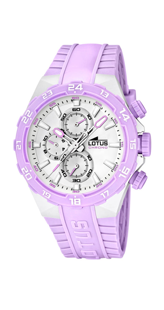 Reloj Lotus L15800/A para señora con cronógrafo, esfera blanca con detalles violeta claro. Correa de caucho violeta clara y caja de resina con fondo de acero. Sumergible 100 metros. Garantía 2 años.