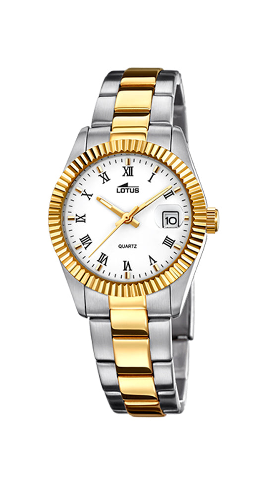 Reloj Lotus L15823/1 para hombre, de acero inoxidable, bicolor CHAPADO, con calendario, sumergible 100 metros y garantía de 2 años.