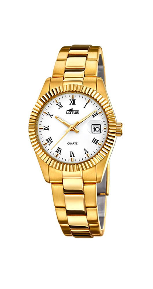 Reloj Lotus L15824/1 para mujer, CHAPADO, con bisel lapidado, calendario, cristal mineral con lupa, caja y armis de acero inox, sumergible 100 metros y garantía de 2 años.