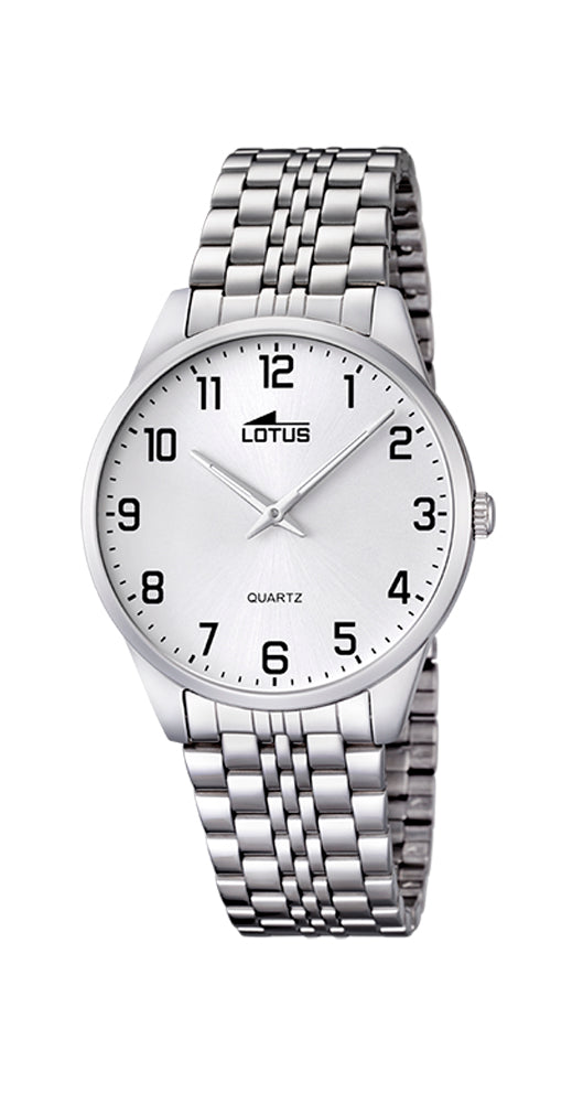 Reloj Lotus L15884/1 para señora con esfera blanca y números arábigos en negro, de fácil lectura. Caja y armis de acero inoxidable. Sumergible 50 metros. Garantía de 2 años.