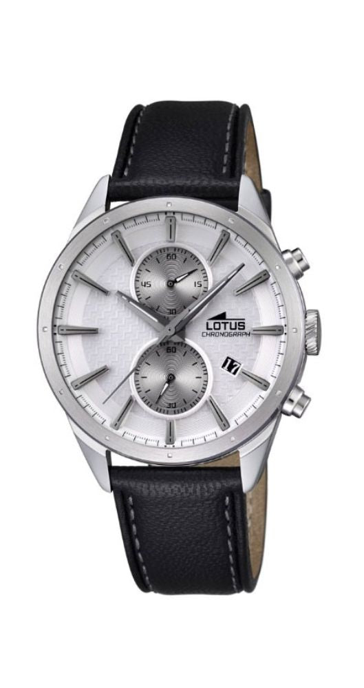 Reloj Lotus L18313/1 para hombre, con crono. Caja de acero inox y correa de piel negra. Calendario. Sumergible 50 metros. Garantía de 2 años.