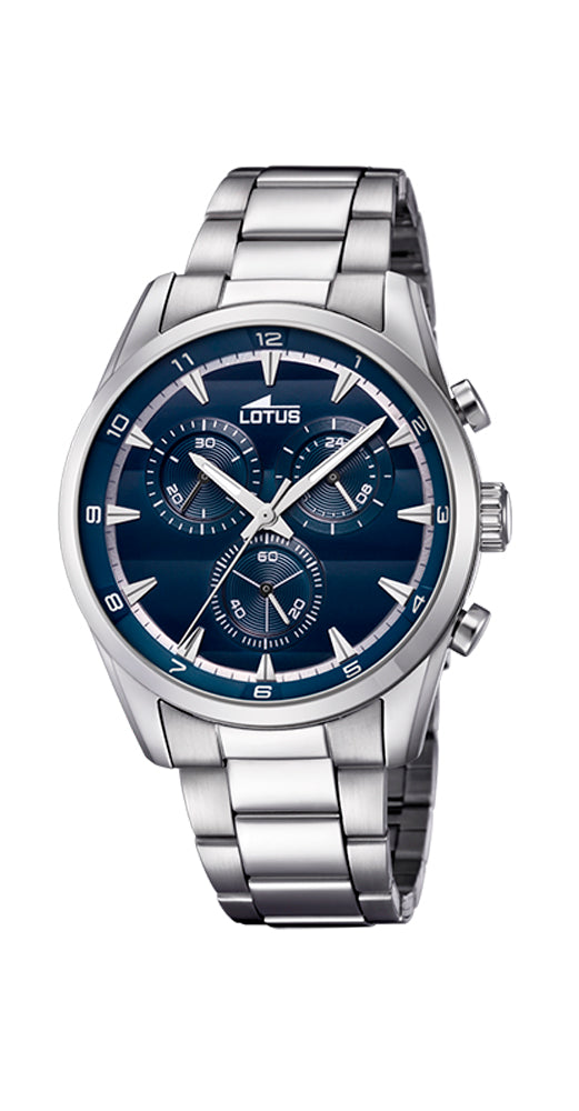 Reloj Lotus L18365/2 para hombre, con crono. Esfera azul. Caja y armis de acero inoxidable. Sumergible 50 metros. Garantía de 2 años.
