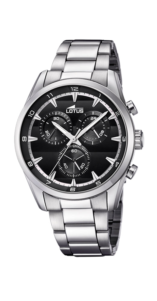 Reloj Lotus L18365/4 para hombre, con crono y esfera negra. Caja y armis de acero inox. Sumergible 50 metros. Garantía de 2 años.