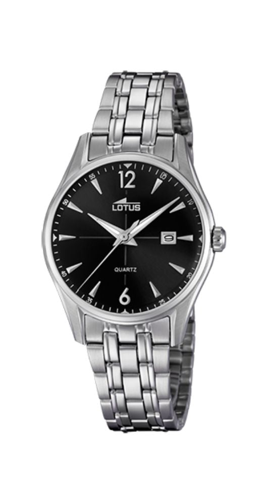 Reloj Lotus L18377/2 para señora con esfera negra y calendario. Caja y armis de acero inox. Sumergible 50 metros. Garantía de 2 años.