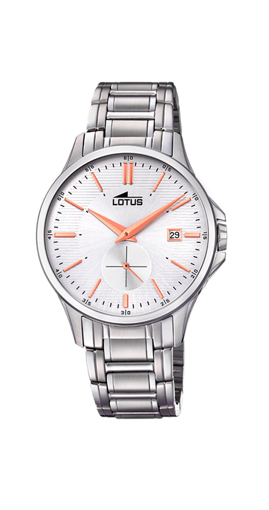 Reloj Lotus L18423/2 para caballero con esfera blanca y manillas e índices en cobrizo. Caja y armis de acero inoxidable. Cierre con pulsadores. Cristal mineral. Calendario. Sumergible 50 metros y garantía de 2 años.
