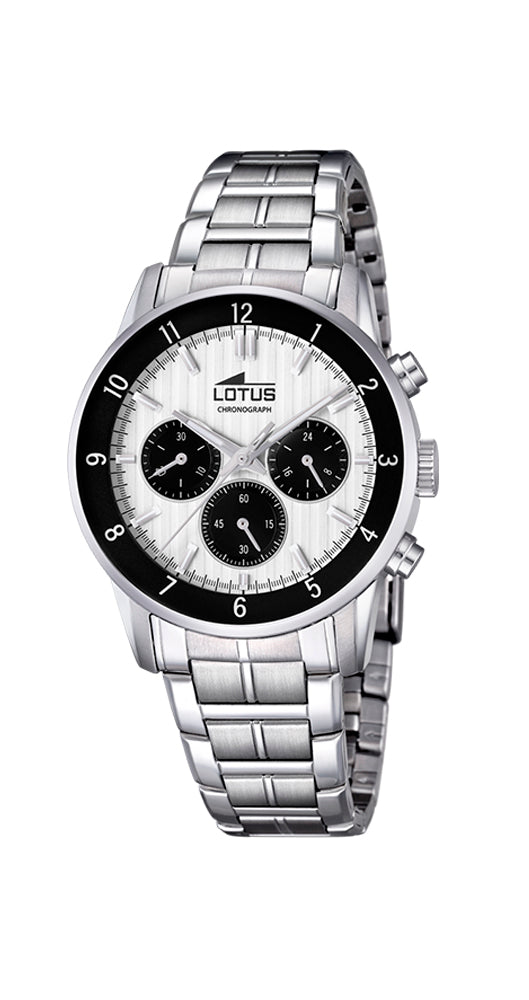 Reloj Lotus L18579/3 para caballero con crono, esfera blanca y negra, caja y armis de acero inoxidable, cierre con pulsadores, sumergible 50 metros. Garantía de 2 años.