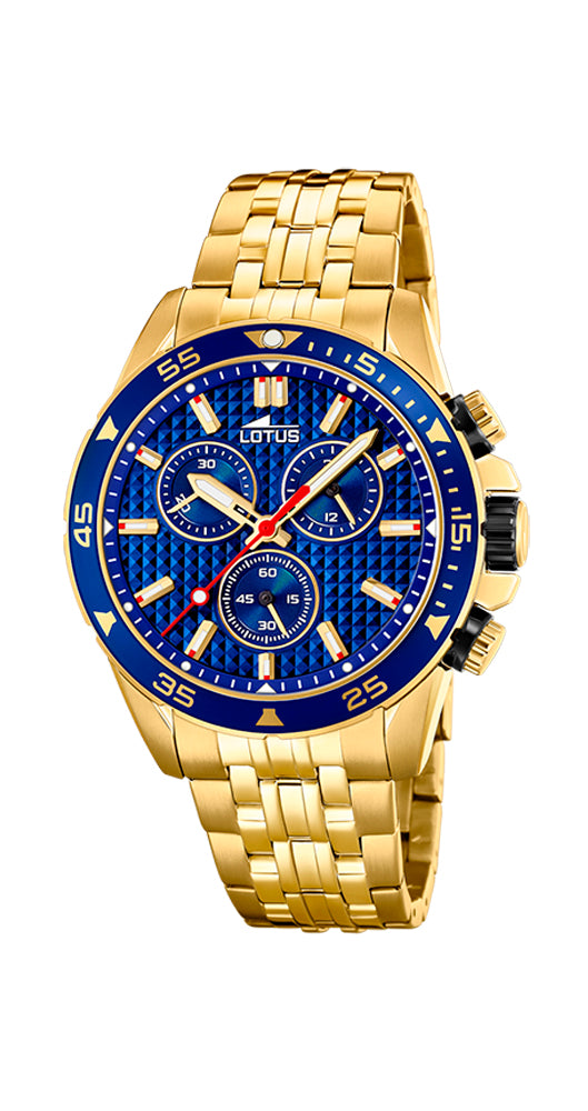 Reloj Lotus L18653/3 para caballero de PVD chapado con esfera y bisel azul con detalles dorados. Cronómetro. Sumergible 50 metros. Garantía de 2 años.
