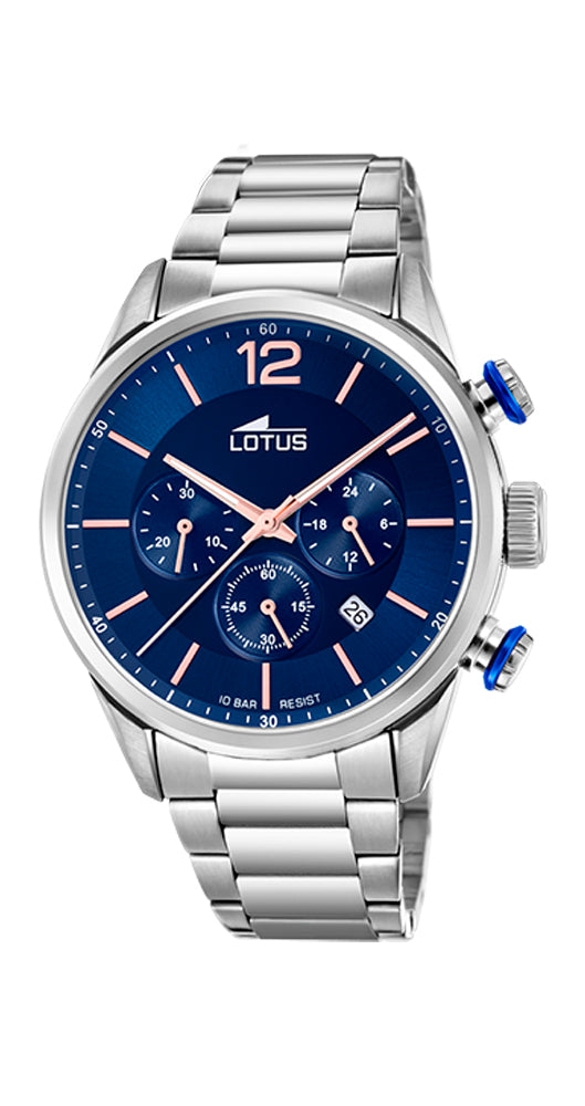 Reloj Lotus L18696/1 para hombre con cadena de acero inoxidable, esfera azul, cronómetro, sumergible 100 metros y garantía de 2 años.
