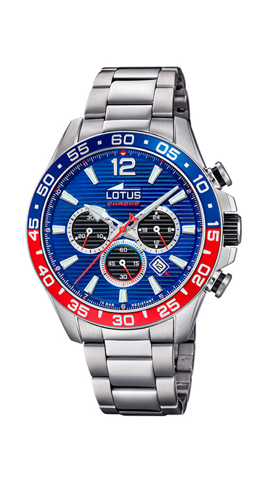 Reloj Lotus L18696/1 para hombre con cadena de acero inoxidable, esfera azul y bisel en rojo y azul, cronómetro, sumergible 100 metros y garantía de 2 años.