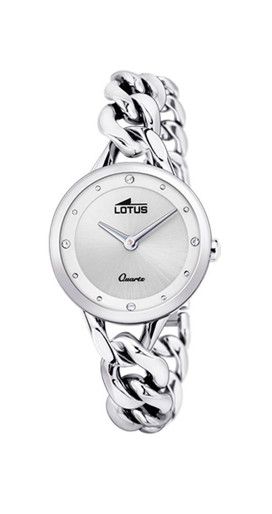 Reloj Lotus L18721/1 para señora, con un diseño de armis muy original que le hace pasar por pulsera. Analógico. Movimiento de cuarzo. Cristal mineral. Esfera plateada con circonitas a las 12, 3, 6 y 9. Caja y armis tipo cadena barbada, articulada, de acero inox. Cierre de uñeta. Sumergible 50 metros. Garantía 2 años.