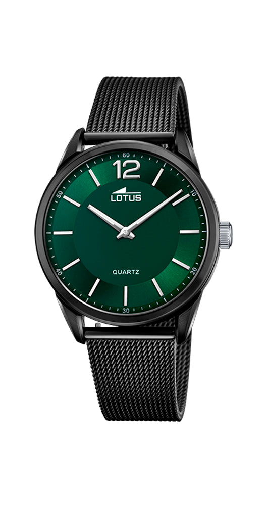 Reloj Lotus L18736/1 para caballero, muy elegante, diseño clásico pero actualizado por su esfera verde, con correa de piel marrón de REGALO, dándole un toque casual, fácilmente intercambiable. Analógico. Movimiento cuarzo. Cristal mineral. Caja y armis tipo malla milanesa PVD negro. Sumergible 50 m. Garantía 2 años.