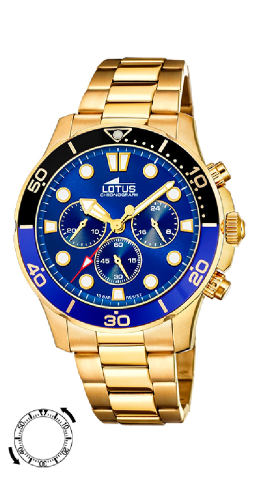 Reloj Lotus L18758/4 CHAPADO crono, para hombre, con esfera azul y bisel negro y azul. Caja y armis de acero inoxidable CHAPADO. Cierre con pulsadores. Sumergible 100 metros. Garantía de 2 años.