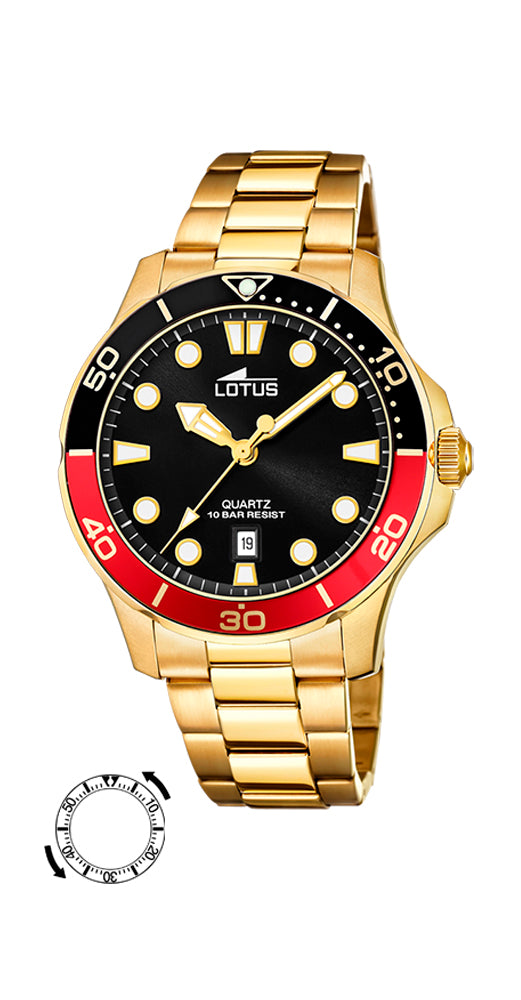 Reloj Lotus L18761/6 para hombre, CHAPADO, de acero inoxidable, esfera negra a juego con el bisel negro y rojo. Sumergible 100 metros. Garantía de 2 años.