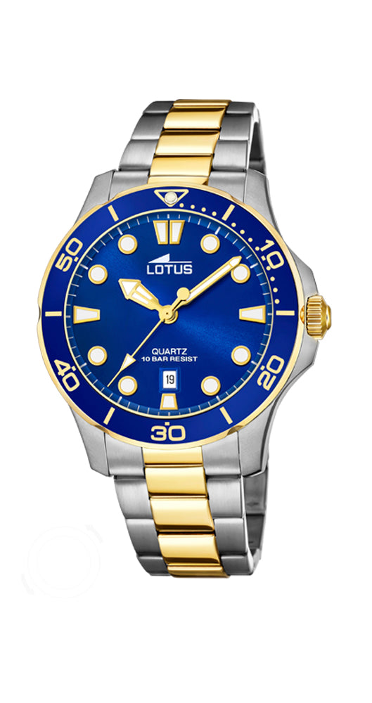 Reloj Lotus L18763/1 UNISEX, tamaño cadete, con esfera azul y detalles dorados, manillas e índices luminiscentes, caja y armis de acero inox con motivos dorados, calendario, sumergible 100 metros y garantía de 2 años.