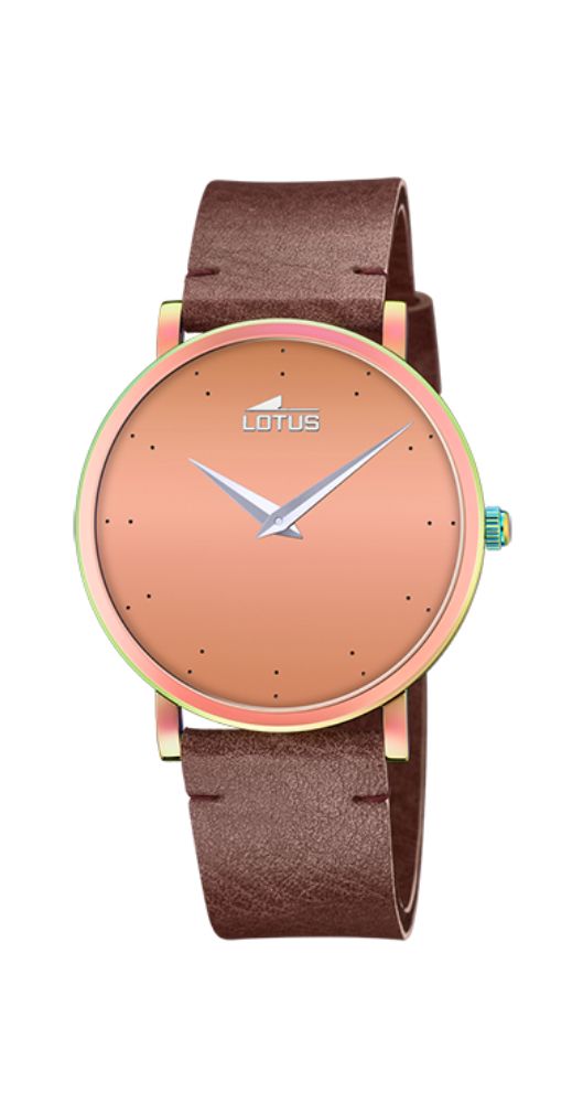Reloj Lotus L18778/2 UNISEX con esfera cobriza con efecto metálico. Caja de acero inoxidable. Correa de piel marrón oscura. Garantía de 2 años.