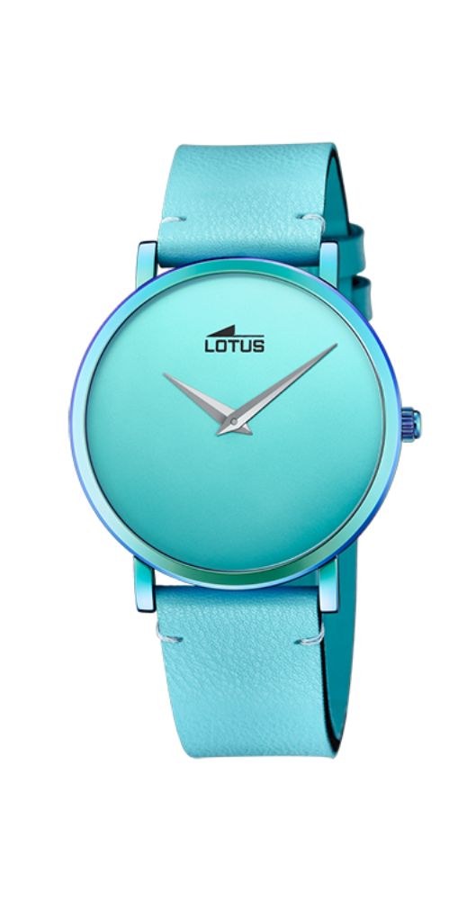 Reloj Lotus L18779/1 Unisex con esfera azul celeste efecto espejo. Caja de acero inox pavonado PVD azul metálico. Fondo de acero inox. Correa de piel azul claro lisa. Garantía de 2 años.