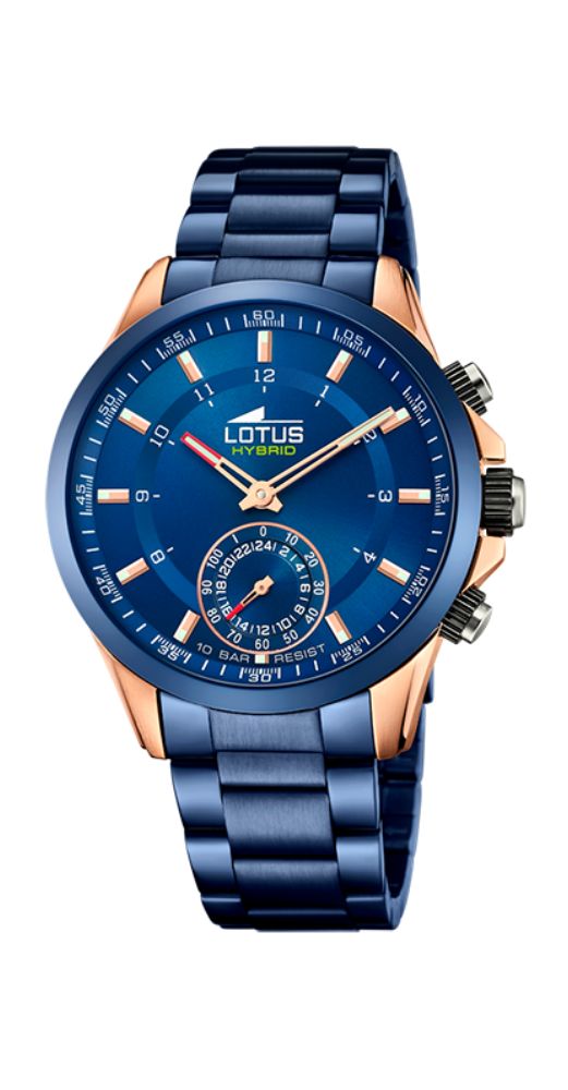 Reloj Lotus CONNECTED L18809/1 para hombre, un smartwatch con el aspecto del reloj tradicional, NO HAY QUE CARGARLO y es completamente SUMERGIBLE. Con seguimiento de actividad, compatible con funciones domóticas, notificaciones inteligentes, control de música y cámara. PERSONALIZABLE. Armis y caja de acero inox pavonado azul y cristal mineral.