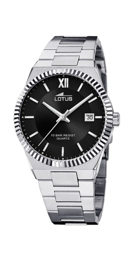 Reloj Lotus L18835/3 para hombre, con calendario, esfera negra con bisel lapidado. Caja y armis de acero inoxidable. Sumergible 100 metros. Garantía de 2 años.