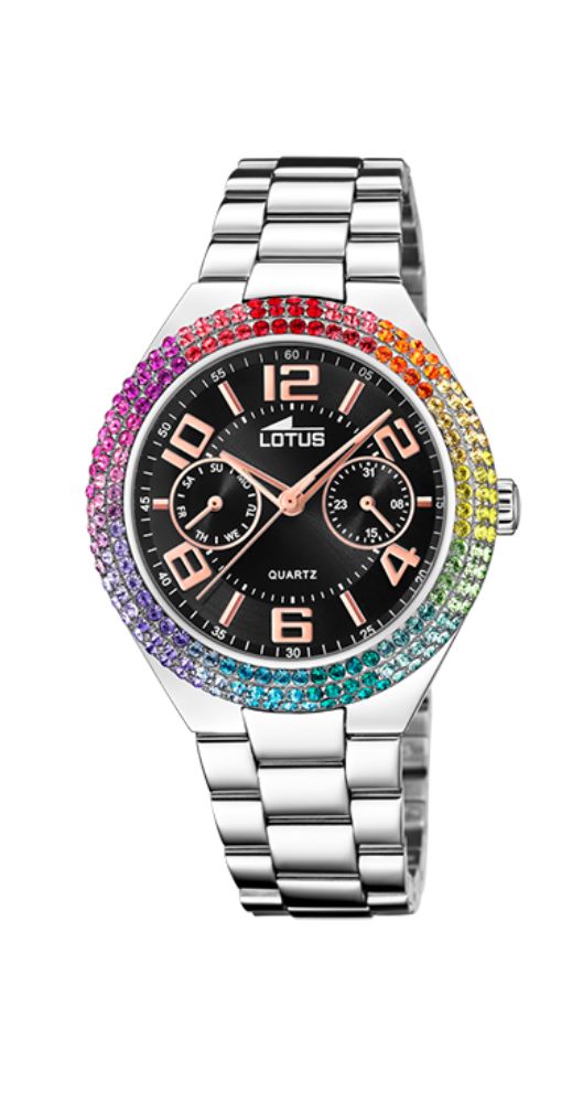 Reloj Lotus L18907/2 para mujer, MULTIFUNCIÓN con el día del mes y de la semana, esfera negra con detalles cobrizos, bisel con circonitas formando un arcoiris, caja y armis de acero inox, cierre con pulsadores, sumergible 50 metros y garantía de 2 años.