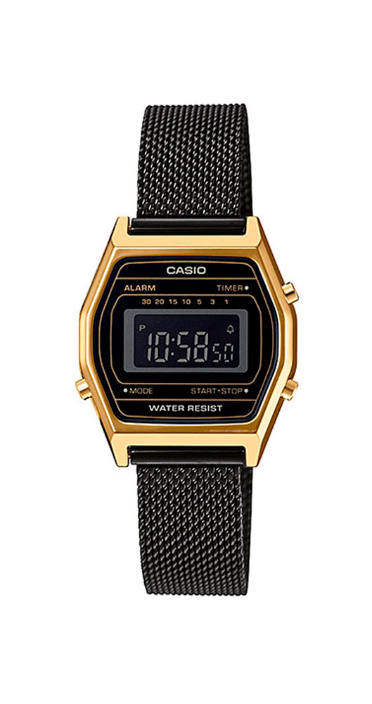 Reloj Casio Collection LA690WEMB-1BEF, ideal para entrenamientos, pequeño y ligero. Modelo retro actualizado. Digital. Circuito impreso. Esfera negra con detalles dorados. Caja resina dorada. Fondo acero inox. Armis tipo malla milanesa negra. Cierre ajustable. Crono. Temporizadores. Alarma. Calendario. Garantía 2 años.