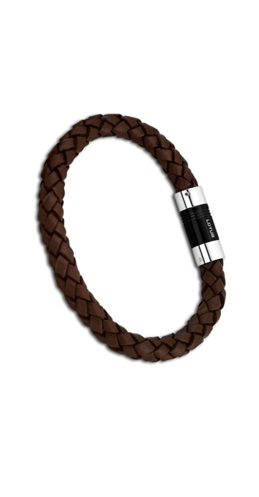 Pulsera Lotus Style LS1519-2/1 para hombre, de cuero trenzado marrón y cierre de acero inox pavonado negro con imanes.